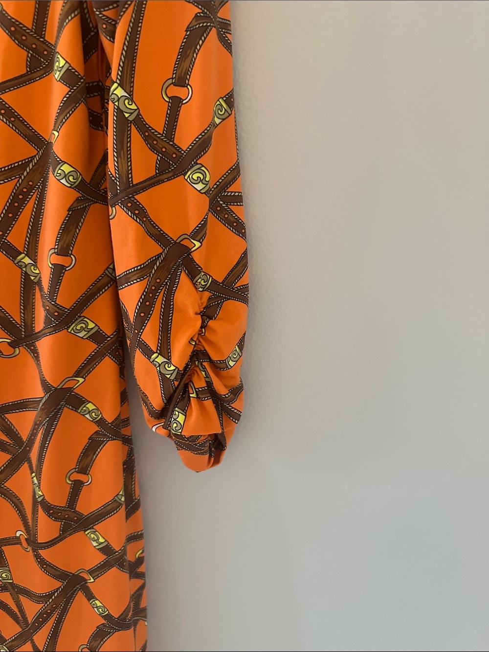 Barbara Gerwit Orange Equestrian Belt Printed V-Neck Dress Sz Small Fall Chic - Picture 5 of 5